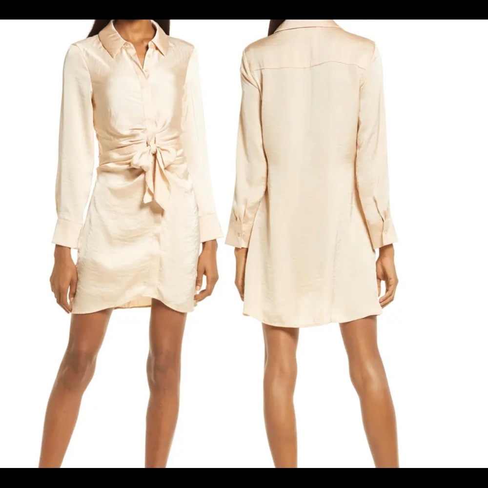 BB Dakota Tie Waist Long Sleeve Satin Shirt Dress SZ XS